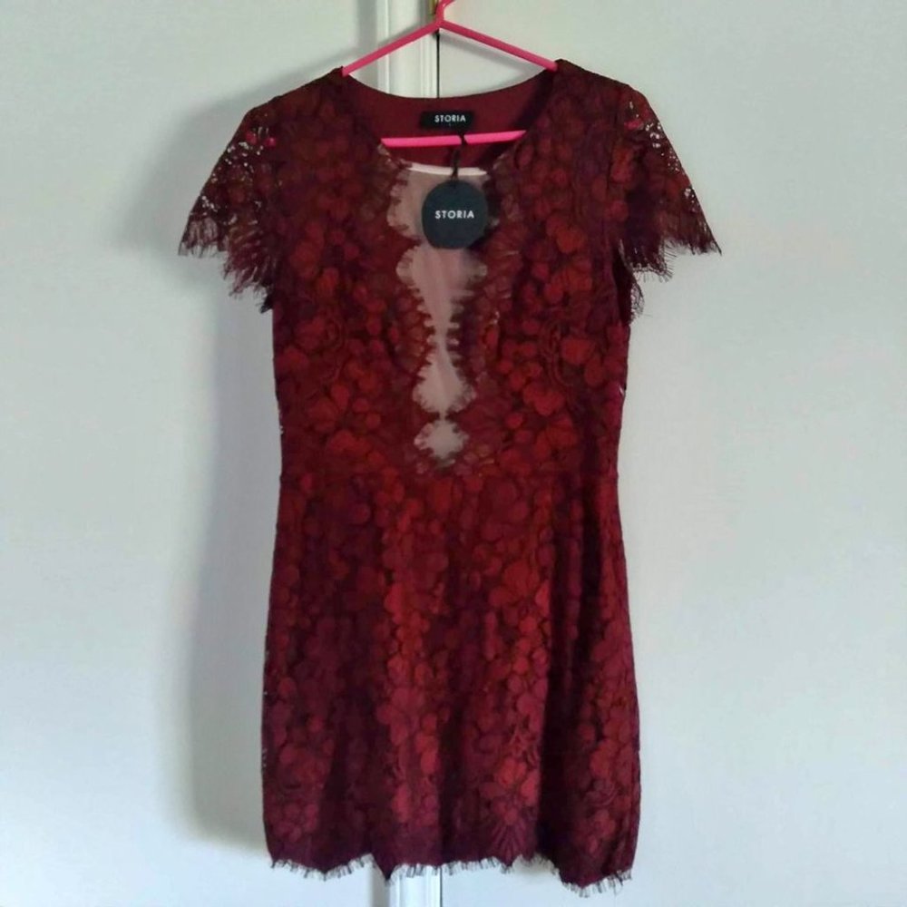 · Storia burgundy lace shift dress